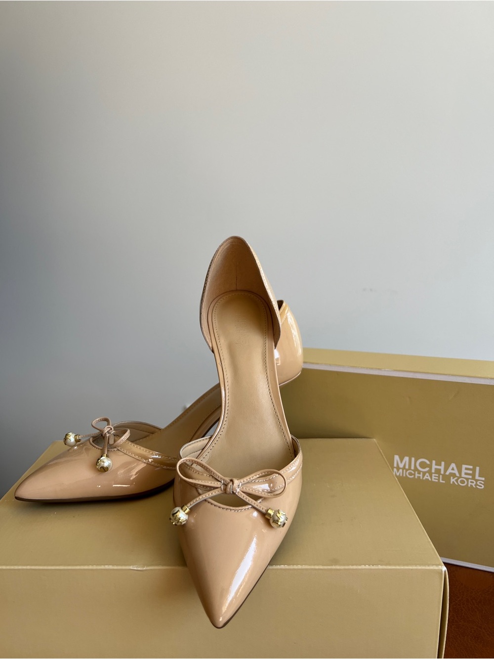 Michael Kors Nude Patent Pointed Toe D'Orsay Flats with Bow